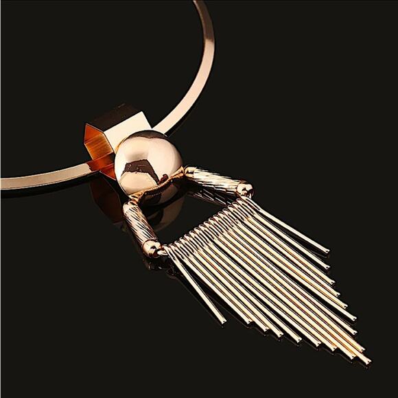 Gold Tassel Fringe Statement Choker Necklace Earrings - Picture 8 of 8